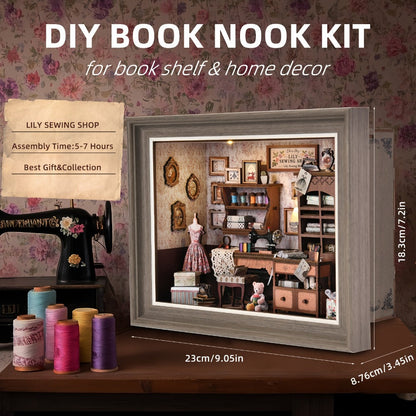 Book Nook Insert Kit DIY 3D Wooden Sewing House Miniature Model Building Set – Bookshelf Decor Craft for Adults Teens, Birthday Christmas Housewarming Gift, Choose Seam House Fireplace or Dwarf Style