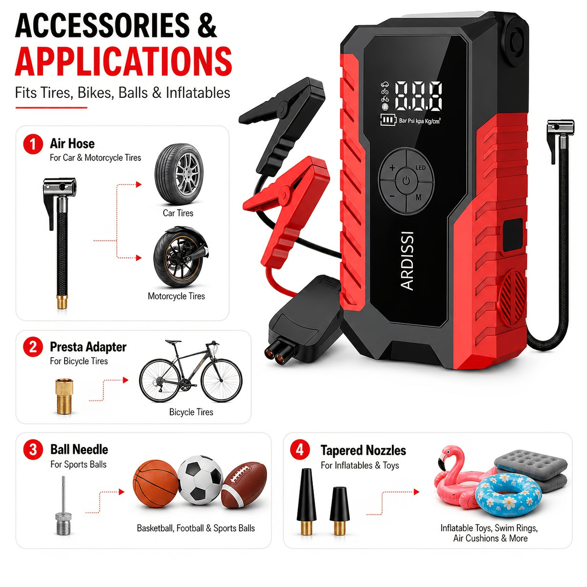 10000A 7-In-1 Multifunctional Emergency Jump Starter with 150PSI Air Pump, Digital Tire Inflator, Portable Car Battery Charger, Up to 2.64gal Gas/2.38gal Diesel, LED Emergency Light & USB Charging, Car Emergency Tool. Suitable As a Holiday Gift