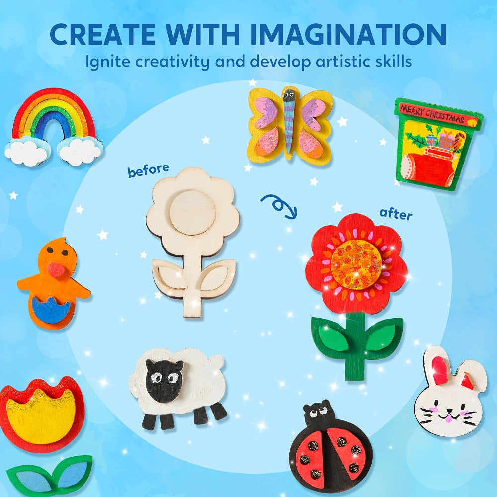 DIY Wooden Magnet Painting Kit for Kids – 12pcs Arts and Crafts Set with Paint Palette Brush Glitter Glue, Creative Activity Birthday Party Favor Gift Boys Girls Ages 3+