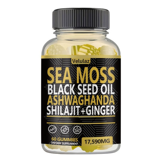 Sea Moss Gummies 10-in-1 Superfood Blend 60 Count 17590mg - Black Seed Oil Ashwagandha Shilajit Elderberry Turmeric Bladderwrack Ginger Chlorophyll Daily Immune Energy Wellness Supplement
