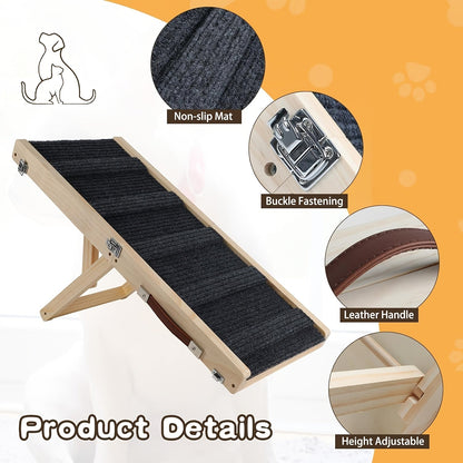Foldable Dog Ramp for Couch & Bed – Adjustable Height 13–21 Inch, Non-Slip Pad & Wood Base, Portable Pet Stairs for Small Dogs, Puppies & Senior Dogs, Easy Carry 32in