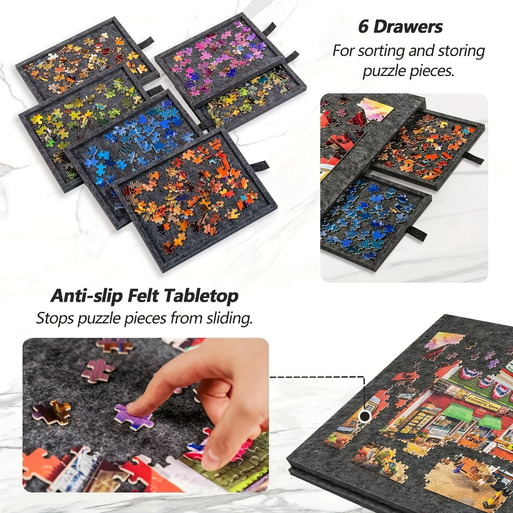 Felt Jigsaw Puzzle Board with 6 Storage Drawers – Portable Puzzle Table Adjustable Tilt Stand, 2-in-1 Protective Cover, Non-Slip Surface & Carry Handle, Gift for Puzzle Lovers Adults Seniors