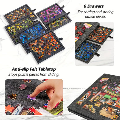 Felt Jigsaw Puzzle Board with 6 Storage Drawers – Portable Puzzle Table Adjustable Tilt Stand, 2-in-1 Protective Cover, Non-Slip Surface & Carry Handle, Gift for Puzzle Lovers Adults Seniors