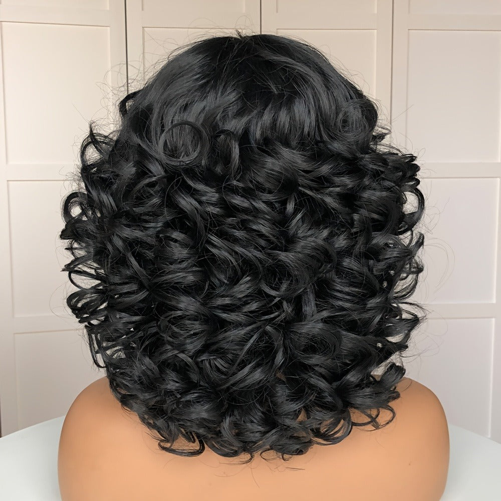 Short Curly Wig with Bangs for Women 14 Inch Jerry Curl Synthetic 13x1 Lace Front — Heat Resistant, Daily Wear Cosplay, Dark Brown Copper Red Dark Wine