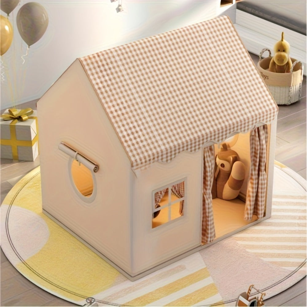 Kids Cabin Style Checked Play Tent – Indoor & Outdoor Polyester Playhouse Tent for Home Decor & Family Fun | Pink, Khaki, Yellow | Holiday Gift & Party Decoration