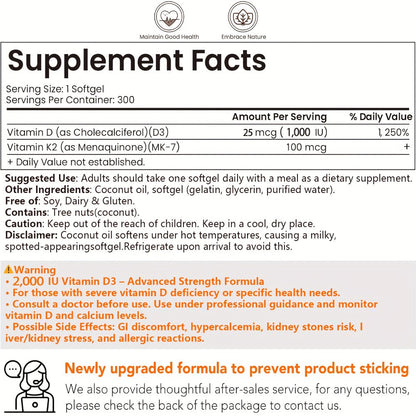 Bone Health Supplement Vitamin D3 1000 IU K2 MK-7 100mcg – 300 Softgels with Coconut Oil for Calcium Absorption, Immune Support & Heart Health – Daily Wellness Vitamins for Active Lifestyles, Men and Women