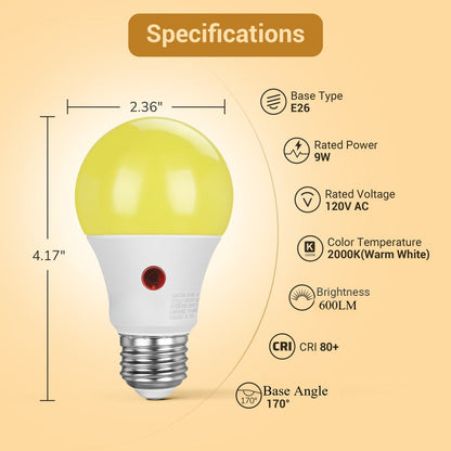 Dusk to Dawn Light Bulbs, A19 E26 Auto On Off Photocell Sensor LED Bulb 9W 60W Equivalent, 5000K Daylight / 2700K Soft White / 2000K Amber Bug Repelling, 800LM Non-Dimmable for Porch Garage Outdoor Indoor