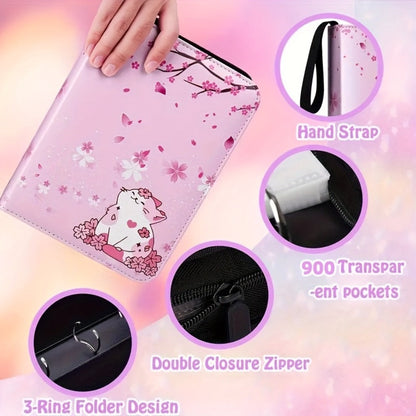 Trading Card Binder Album 900 Pockets Zippered – Premium PU Leather Collector's Album with Pink Cherry Blossom & Cat Design, Waterproof Card Storage for Pokemon, Sports & K-Pop Cards