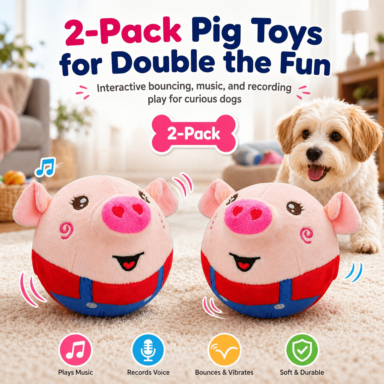 Electronic Bouncing Dog Toy with Animal Sound - USB Rechargeable Interactive Rolling Ball, Voice Recording & Music Mode, Washable Motion Sensor Toy for Small Medium Dogs & Puppies