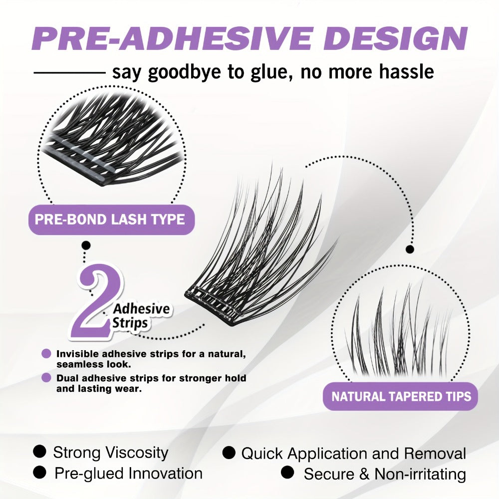 Invisible 2-Strip Tape Lash Clusters 156Pcs — Pre-Glued Self-Adhesive Eyelash Extensions, No Glue No Sticky Residue, Volume Mixed Longer-Lasting DIY Cluster Lashes for Women Sensitive Eyes