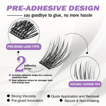 Invisible 2-Strip Tape Lash Clusters 156Pcs — Pre-Glued Self-Adhesive Eyelash Extensions, No Glue No Sticky Residue, Volume Mixed Longer-Lasting DIY Cluster Lashes for Women Sensitive Eyes