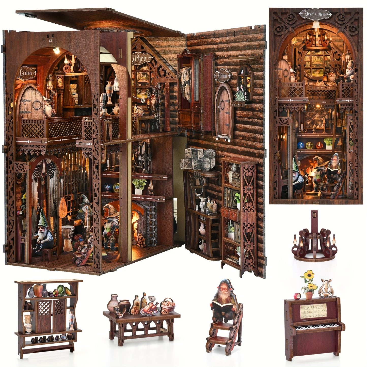 Book Nook Kit Dwarf's House DIY Miniature Bookshelf Insert – Dark Wood 3D Wooden Puzzle Decor for Adults, Unique Birthday 4th of July Christmas Gift for Women & Book Lovers (KT01)