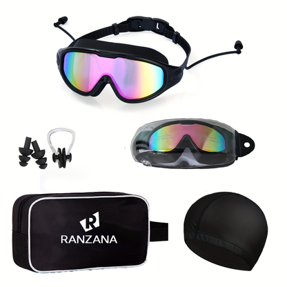 Swimming Goggles Set 6-in-1 with Case & Waterproof Bag - UV Protection Iridescent Coated PC Lens, Silicone Strap, PU Swim Cap, Nose Clip & Earplugs Included, Wide View Swim Goggles for Adults & Youth