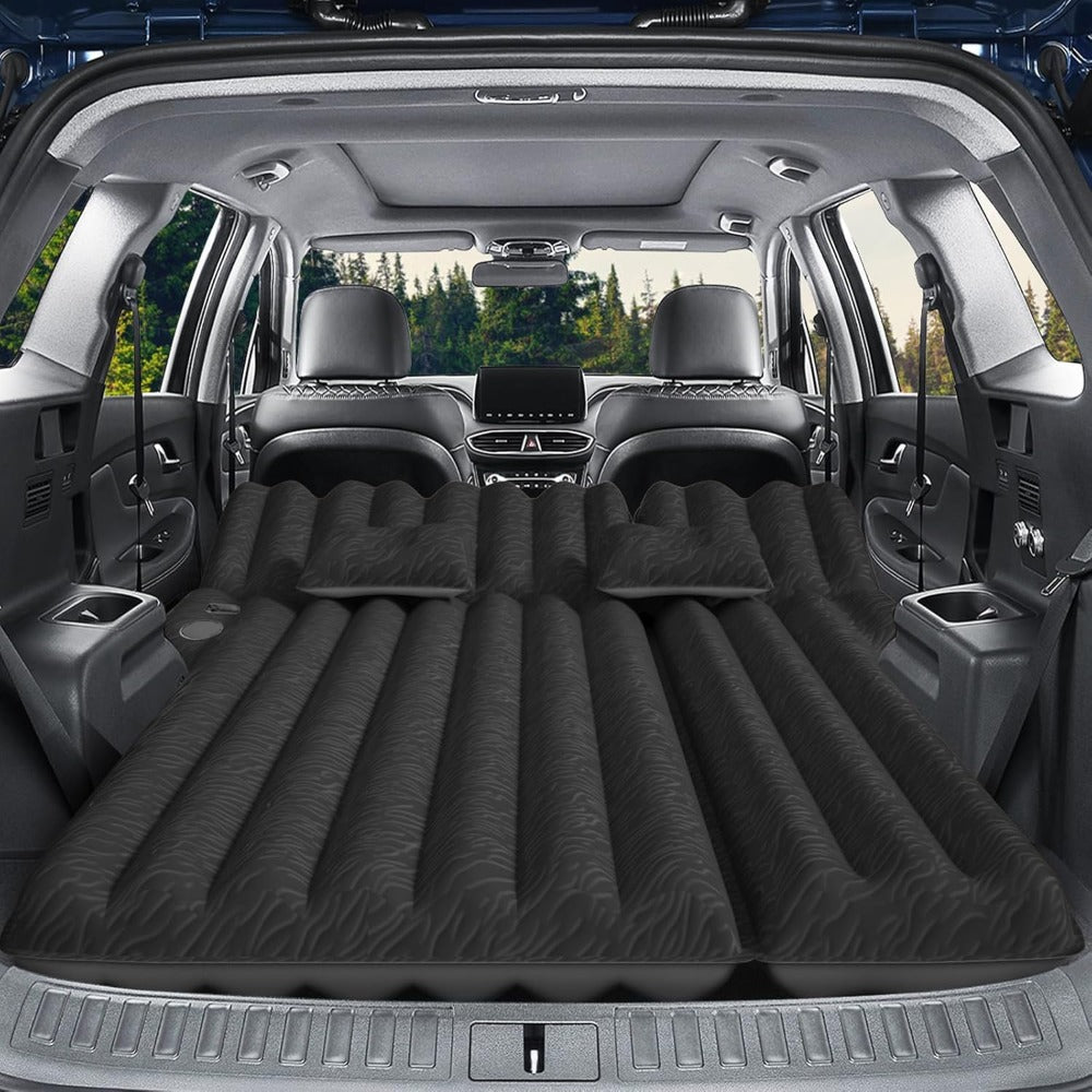 SUV Air Mattress for Camping Inflatable Car Bed with Air Pump 2 Pillows Flocking Surface Portable Sleeping Pad for SUV Backseat Road Trip Family Travel, Black