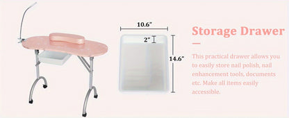 Foldable Nail Table with LED Lamp Drawer Lockable Wheels Wrist Cushion & Carrying Bag – Portable Manicure Station for Nail Salon Technician Home Studio White