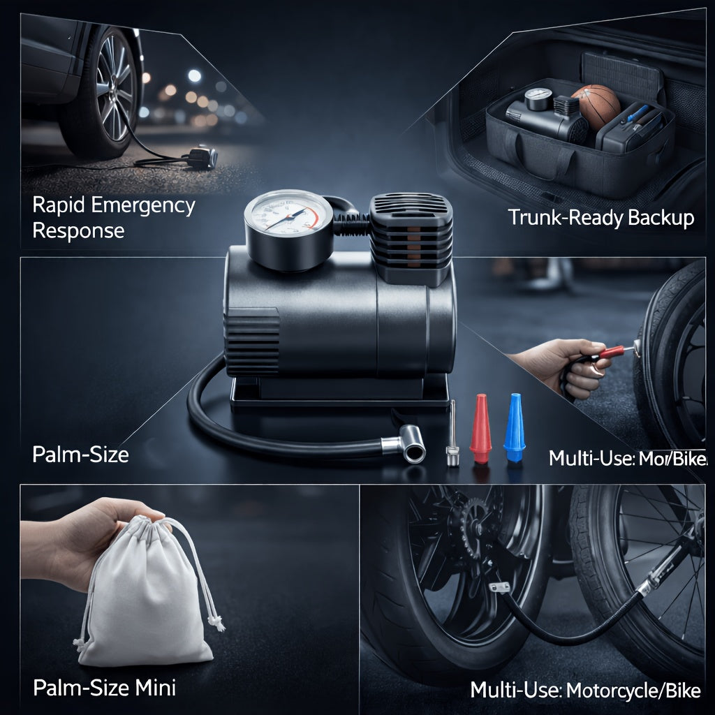 Compact 12V Air Compressor with Analog Pressure Gauge, 300 PSI Portable Tire Inflator for Car & Motorcycle