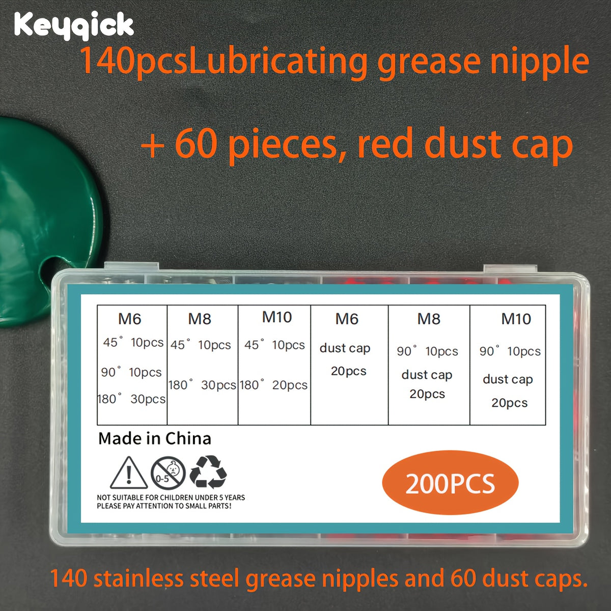 200pcs Steel Grease Nozzle Set - M6, M8, M10 Thread Types, Straight And Elbow Grease Nozzle Connectors for Machinery, Hex Bolt Head 45° 90° 180°, with Red Dust Caps