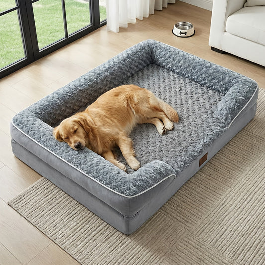 Orthopedic Dog Sofa Bed C-Shape Bolster – Washable Removable Cover, 3-Inch Thick Anti-Anxiety Plush, Nonskid Bottom for Extra Large Dogs, M to XXXL, Grey