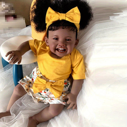 Black Reborn Baby Girl Doll 24 Inch Dark Brown Skin Soft Silicone Newborn Rooted Hair Cloth Body Magnetic Pacifier Lifelike Art Doll Gift for Kids Collectors Christmas Birthday
