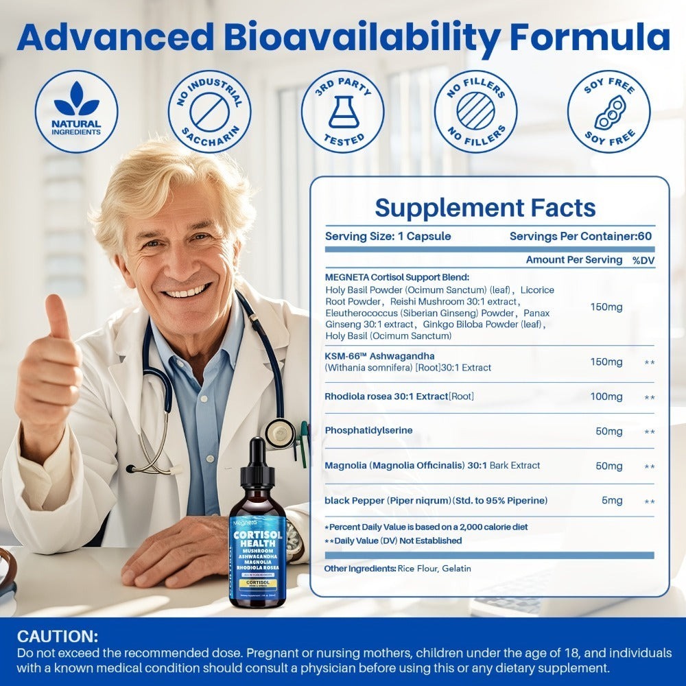 Cortisol Balance Liquid Drops for Stress Relief & Cortisol Belly – KSM-66 Ashwagandha, Magnesium Glycinate & L-Theanine Sublingual Supplement – 99% Absorption – 2 fl oz