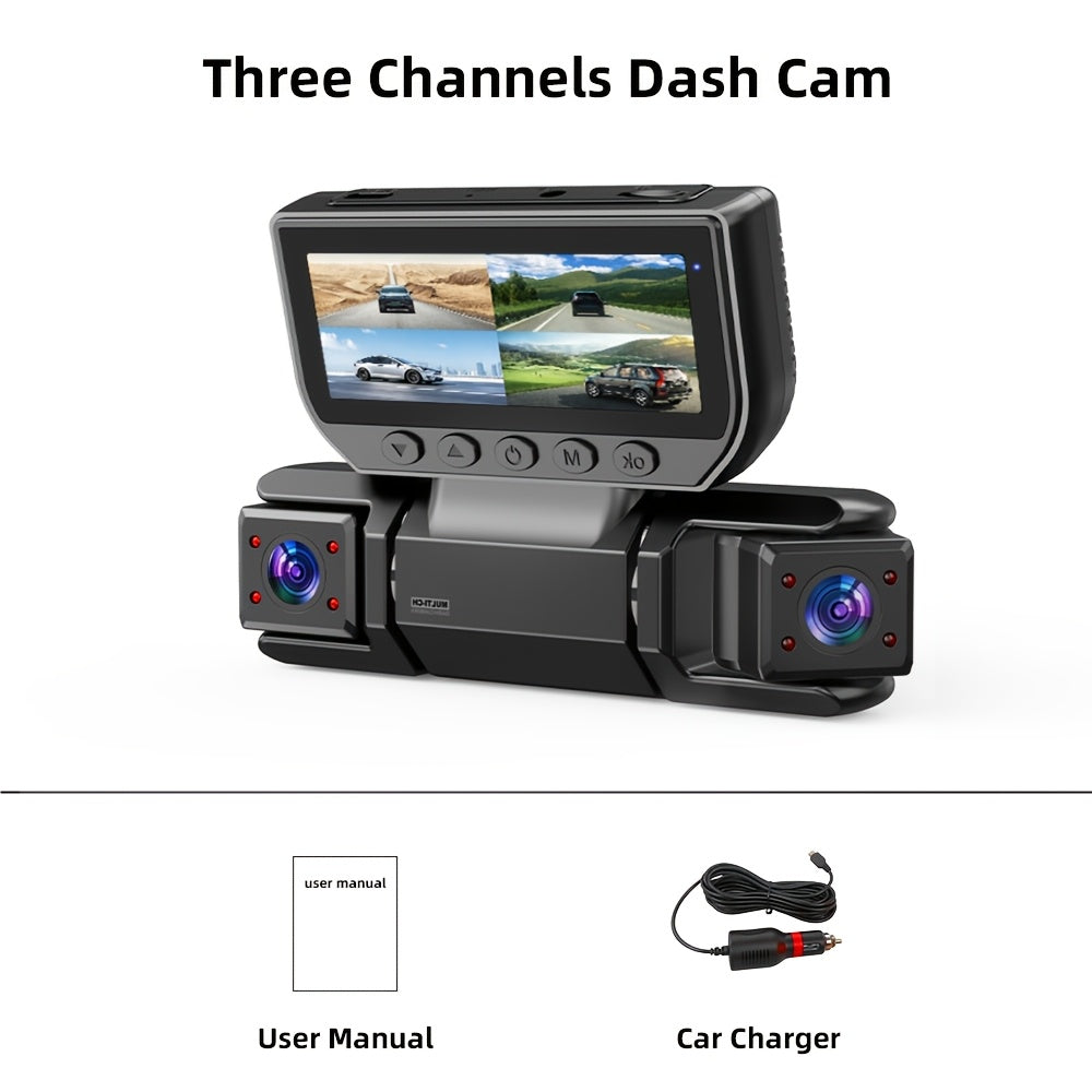 360° 3/4 Lens Dash Cam USA, 4 Channel Front/Rear/Left/Right Recording, Night Vision, 3.16" IPS Screen with Wifi, G-Sensor, Parking Mode, 32GB Card Optional/No Card