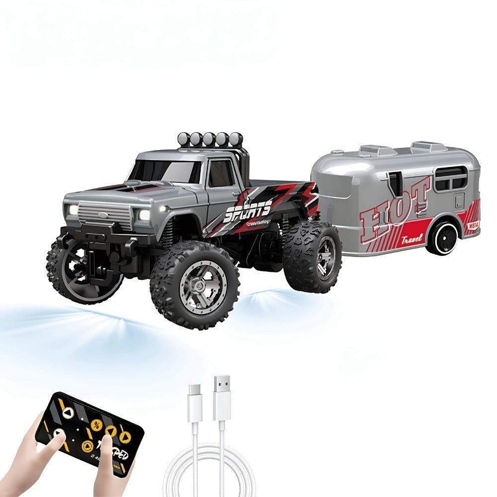 Mini RC Off-Road Truck with Trailer 1:64 Scale Die-Cast Remote Control Car – 2.4GHz Climbing Vehicle with Lights Rechargeable Adjustable Speed | Pocket-Sized RC Toy for Boys | Best Birthday Christmas Gift