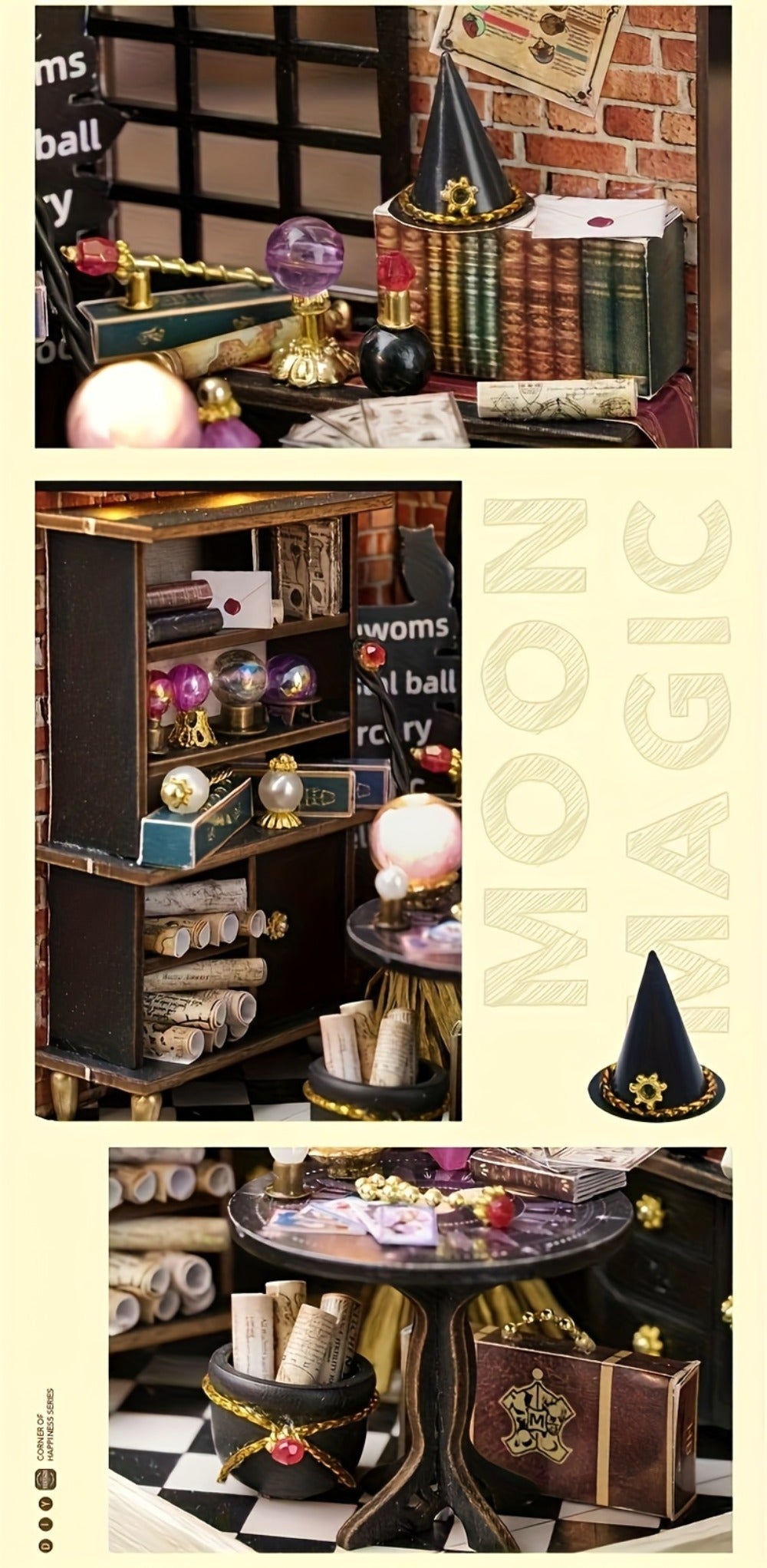 DIY Wooden Tiny House Kit with Dust Cover – Handmade Miniature Dollhouse Puzzle, 3 Themes Afternoon Tea Rotating Food House Moon Magic, Creative Home Decor Gift for Adults & Teens Birthday Christmas