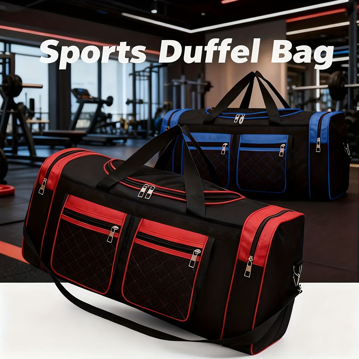 Gym Duffel Bag Large Capacity Travel Bag for Men Women Heavy Duty Polyester Multi Pocket Adjustable Shoulder Strap Zipper Closure for Fitness Workout Weekend Trips Business Travel Outdoor Black Blue Red