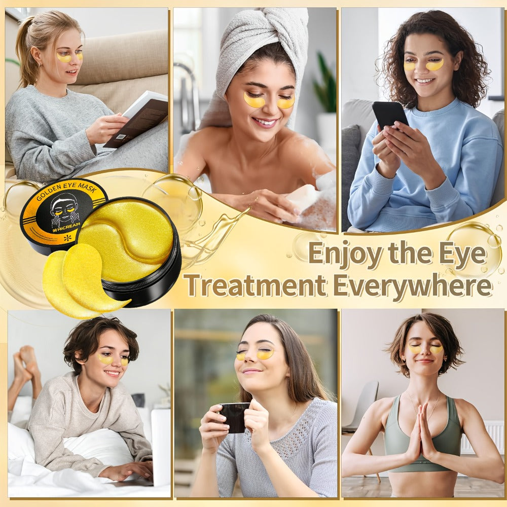 Under Eye Patches 24K Gold 60pcs Collagen Hyaluronic Acid Glycerin — Moisturizing Plumping Anti-Dark Circle Puffiness Fine Lines Unisex Hypoallergenic All Skin Types Travel Gift
