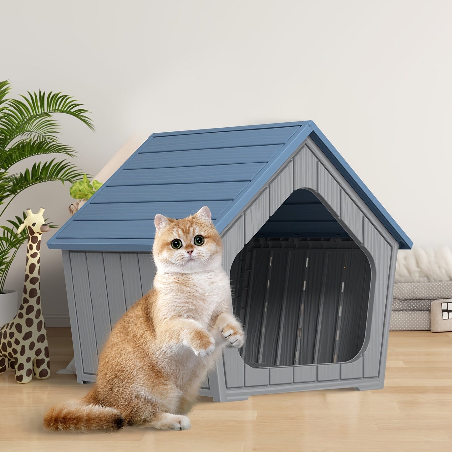 Outdoor Cat House XL Resin Weatherproof Cat Shelter with Raised Floor Indoor Outdoor Small Animal Enclosure Easy Assembly Cat Play Cage 23.43x22.64x22.8 Inch