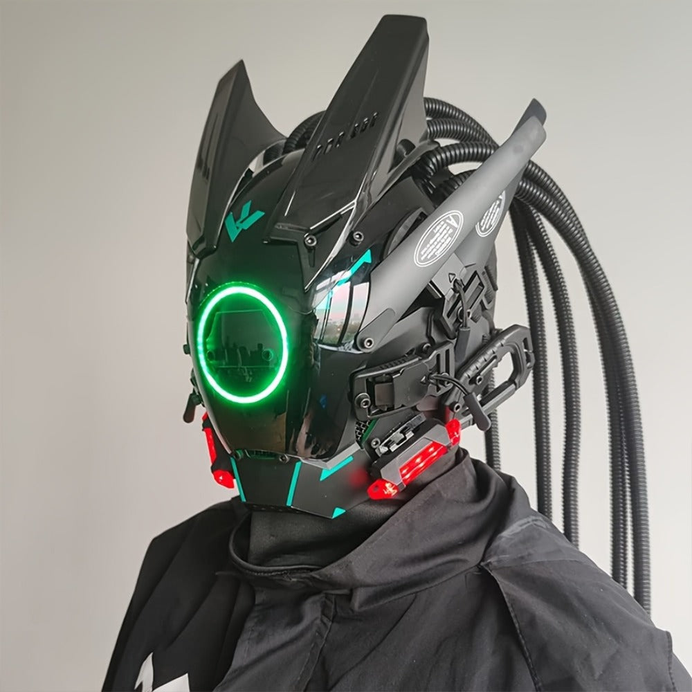 LED Cyberpunk Samurai Mask with Braids – Futuristic Sci-Fi Mechanical Face Mask for Halloween, Cosplay, Music Festival & Rave Party, Blue Green Pink, Free Helmet Included, Adult Gift