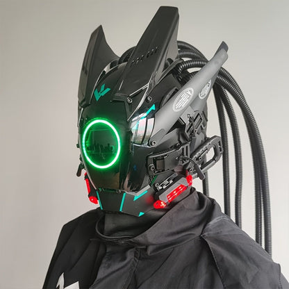 LED Cyberpunk Samurai Mask with Braids – Futuristic Sci-Fi Mechanical Face Mask for Halloween, Cosplay, Music Festival & Rave Party, Blue Green Pink, Free Helmet Included, Adult Gift