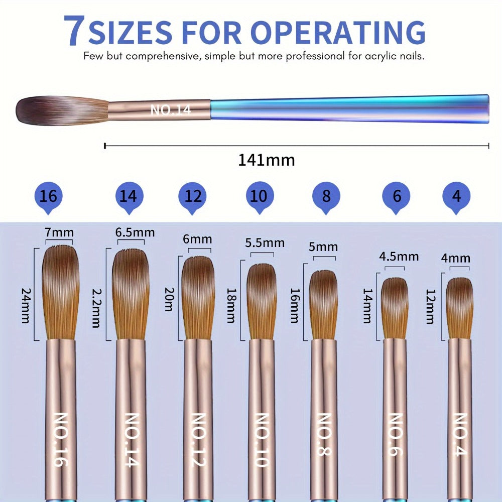 Nail Art Brush Set 7Pcs Aurora Blue Handle – Professional Acrylic Gel UV Nail Painting Brushes for Sculpting Dotting Liner Drawing & Extension Building, Formaldehyde-Free Bristles for Salon & Home DIY Manicure