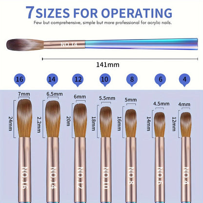 Nail Art Brush Set 7Pcs Aurora Blue Handle – Professional Acrylic Gel UV Nail Painting Brushes for Sculpting Dotting Liner Drawing & Extension Building, Formaldehyde-Free Bristles for Salon & Home DIY Manicure