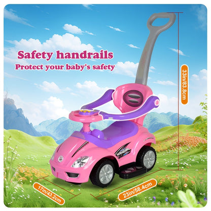 3-in-1 Toddler Push Ride & Walker Car – Baby Ride-On Toy with Guardrail, Music & Under-Seat Storage for Ages 18–36 Months | Indoor Outdoor Safe Play | Pink, Red
