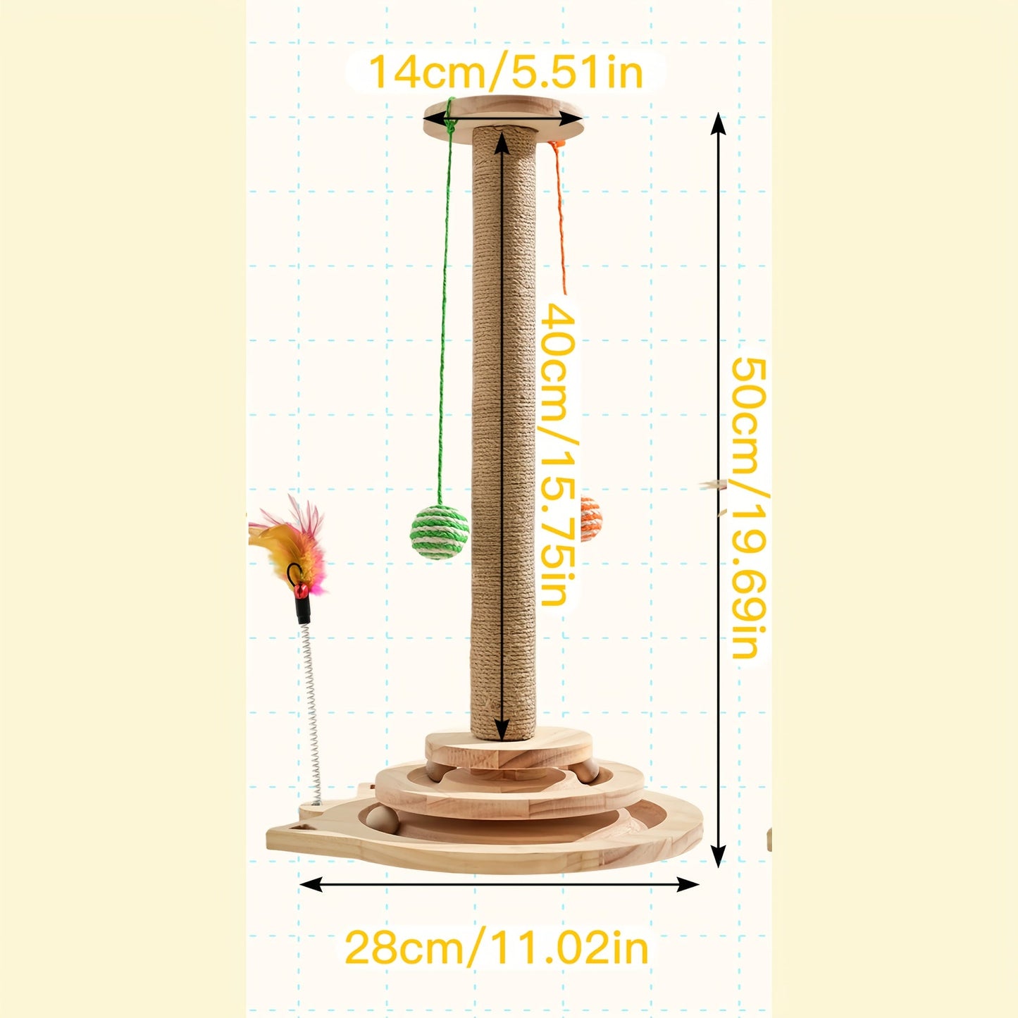 Multi-Level Sisal Cat Scratching Post 4-in-1 with 6 Wooden Balls 2 Hanging Balls & 2 Feather Teaser Toys - Premium Thickened Sisal Anti-Slip Base for Indoor Cats M L XL + Replacement Pillars
