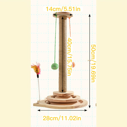 Multi-Level Sisal Cat Scratching Post 4-in-1 with 6 Wooden Balls 2 Hanging Balls & 2 Feather Teaser Toys - Premium Thickened Sisal Anti-Slip Base for Indoor Cats M L XL + Replacement Pillars