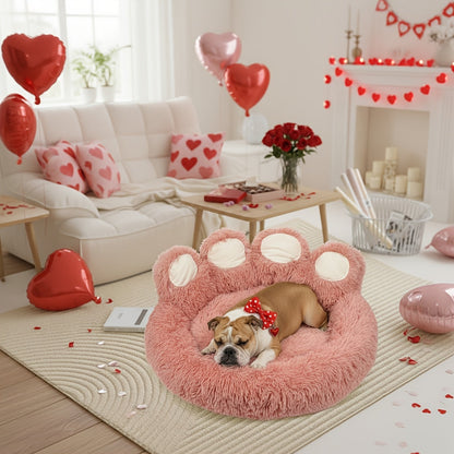 Dog Bed Cat Bed Bear Paw Shaped Donut – Calming Round Plush Pet Mattress, Warm & Soft Cuddler Bed for Dogs and Cats, Includes Pet Scarf, Sizes S to 2XL, Colors: Coffee, Pink, Grey, Brown