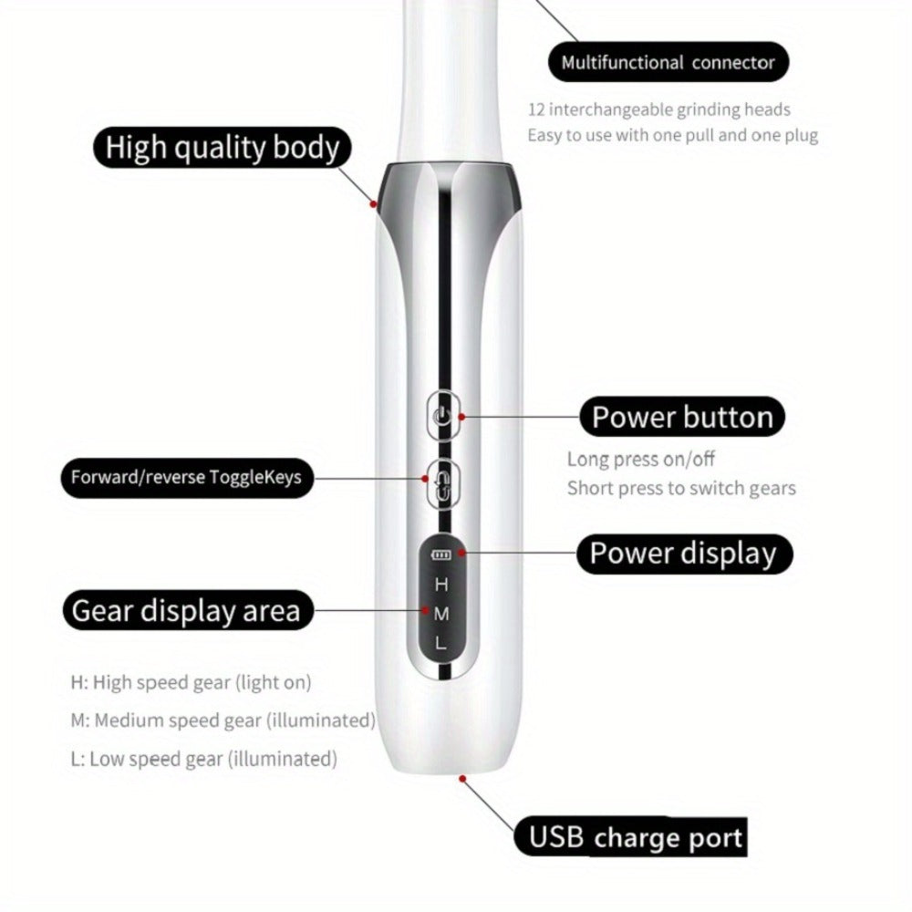 Electric Nail Drill Cordless USB Rechargeable 12 Bits Sanding Bands Manicure Pedicure Kit Low Noise Portable Pen Style Home Salon Beginner Professional Golden White