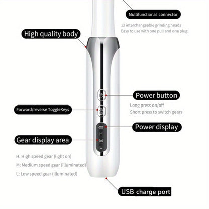Electric Nail Drill Cordless USB Rechargeable 12 Bits Sanding Bands Manicure Pedicure Kit Low Noise Portable Pen Style Home Salon Beginner Professional Golden White