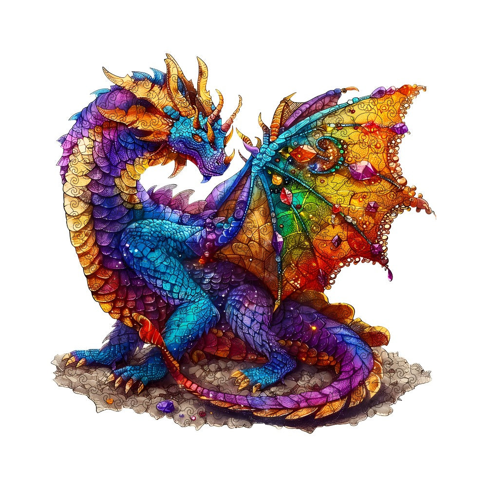 Dragon Wooden Jigsaw Puzzle Gemstone Fantasy – Colorful Irregular Animal Shaped Pieces, Unique Non-Repetitive Plywood Brain Teaser, 2 Sizes S & L, Wall Art Home Decor, Birthday Christmas Gift for Adults Teens
