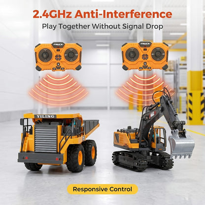 RC Engineering Vehicle Set 11-Channel 2.4GHz – 2-in-1 & 4-in-1 Remote Control Excavator Dump Truck Bulldozer, Alloy Construction Toy Fleet for Kids Boys, Best Birthday Christmas Gift Ages 6+