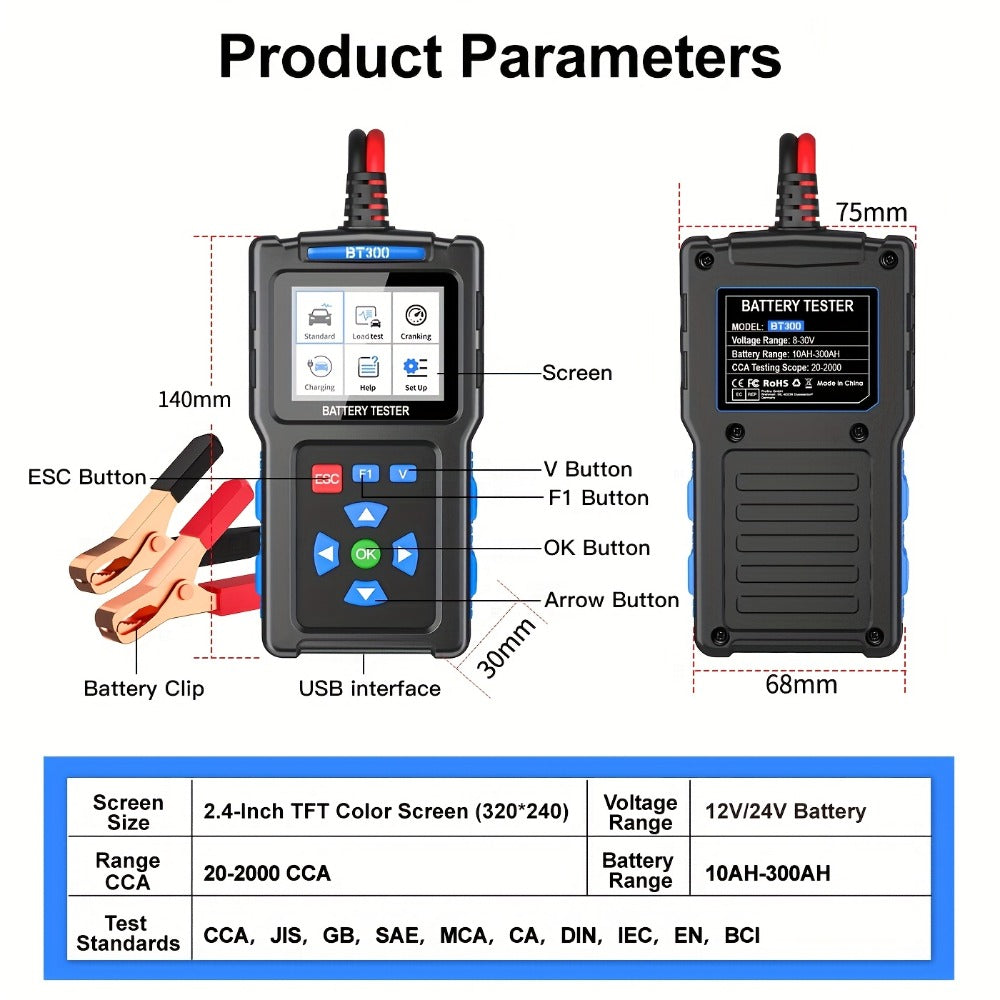 Car Battery Tester 12V 24V 20-2000 CCA Automotive Battery Load Tester and Alternator Tester for AGM GEL Lead-Acid Batteries Multi-Language BT3001