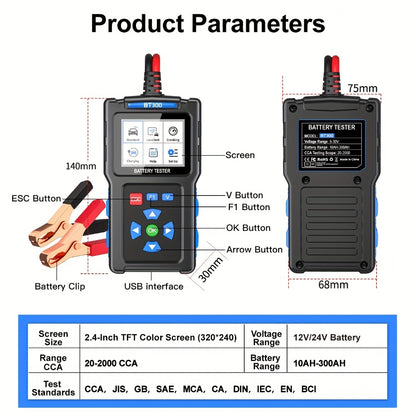 Car Battery Tester 12V 24V 20-2000 CCA Automotive Battery Load Tester and Alternator Tester for AGM GEL Lead-Acid Batteries Multi-Language BT3001