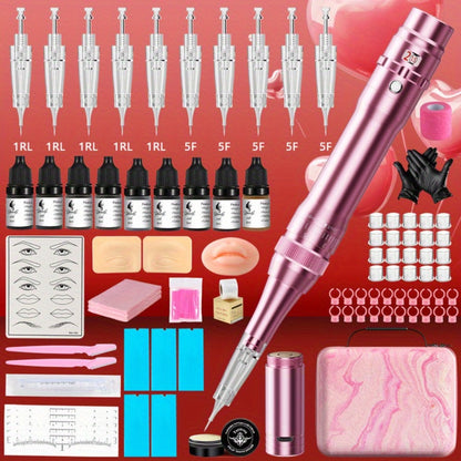 Permanent Eyebrow Tattoo Kit PMU Pen - Includes Tattoo Pen, Ink, Eyebrow & Lip Tattoo Needles, Practice Accessories, Complete Microblading Starter Set for Beginners & Enthusiasts, Black or Pink