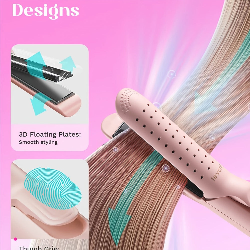 2-in-1 Curling Iron & Hair Straightener 360° Adjustable 5-Level Hot Cold Air Dual Voltage Fast Heat Salon Curler for Long Short Hair Women Black Pink