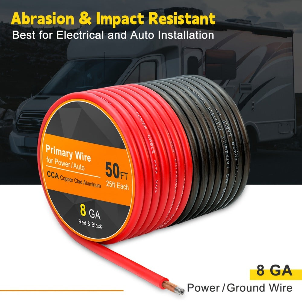 8 Gauge Car Audio Wire 50ft CCA – 25ft Red Power + 25ft Black Ground Cable, Flexible PVC Jacket, Anti-Oxidation, for Amplifier Speaker Battery Automotive Marine Wiring