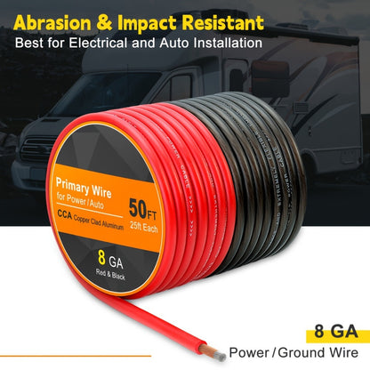 8 Gauge Car Audio Wire 50ft CCA – 25ft Red Power + 25ft Black Ground Cable, Flexible PVC Jacket, Anti-Oxidation, for Amplifier Speaker Battery Automotive Marine Wiring