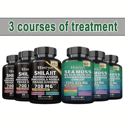Sea Moss & Shilajit Bundle 6 Bottles – Sea Moss 350mg, Shilajit 300mg & Ashwagandha 200mg | 3-Month Herbal Supplement Kit for Energy, Vitality & Immune Support | All-in-One Wellness Value Pack