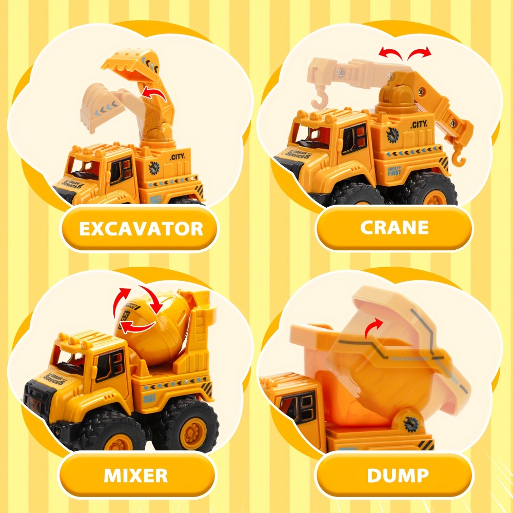 4-Piece Construction Truck Set for Kids – Excavator Dump Truck Crane Cement Mixer Sandbox STEM Engineering Vehicle Playset, Toddler Boy Girl Birthday Gift Ages 3+